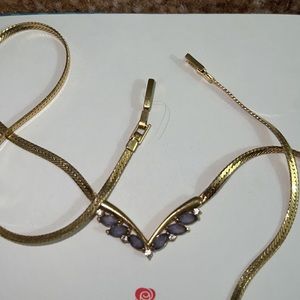 Avon White Rhinestone Dark Purple V-Shape Necklace